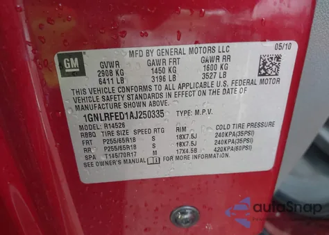 2010 Chevrolet Traverse Lt из США, поврежденный, VIN 1GNLRFED1AJ250335